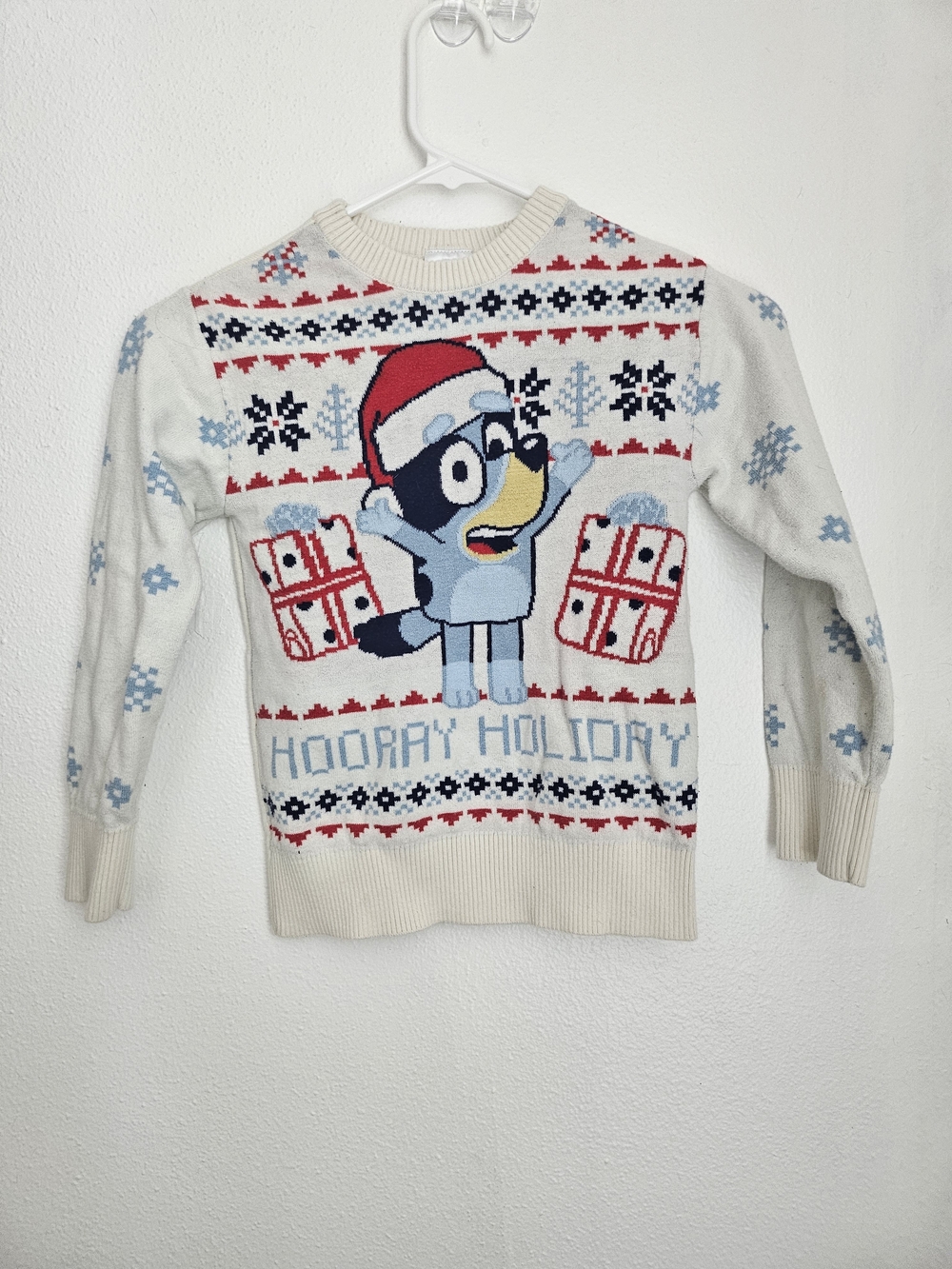Youth BLUEY Holiday Graphic Crewneck Sweater - Cream with Red & Blue